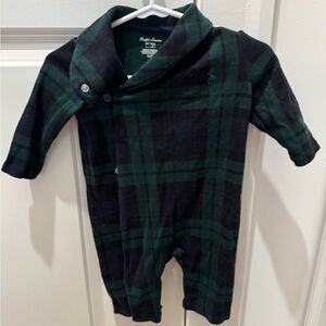 Ralph Lauren Baby Plaid One Piece Shawl Coverall in Green and Black - size 0-3M